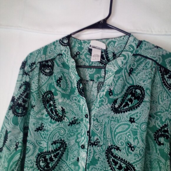 Bon Worth Blouse L Long Sleeve Button Up Simi Sheer Velvet Detail Green Black - Picture 4 of 14
